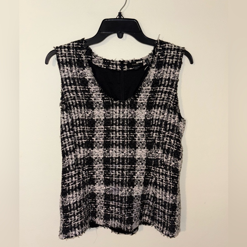 Theory Sculpt U Shell Sleeveless Tank Top Black White Tweed Size Women’s Medium